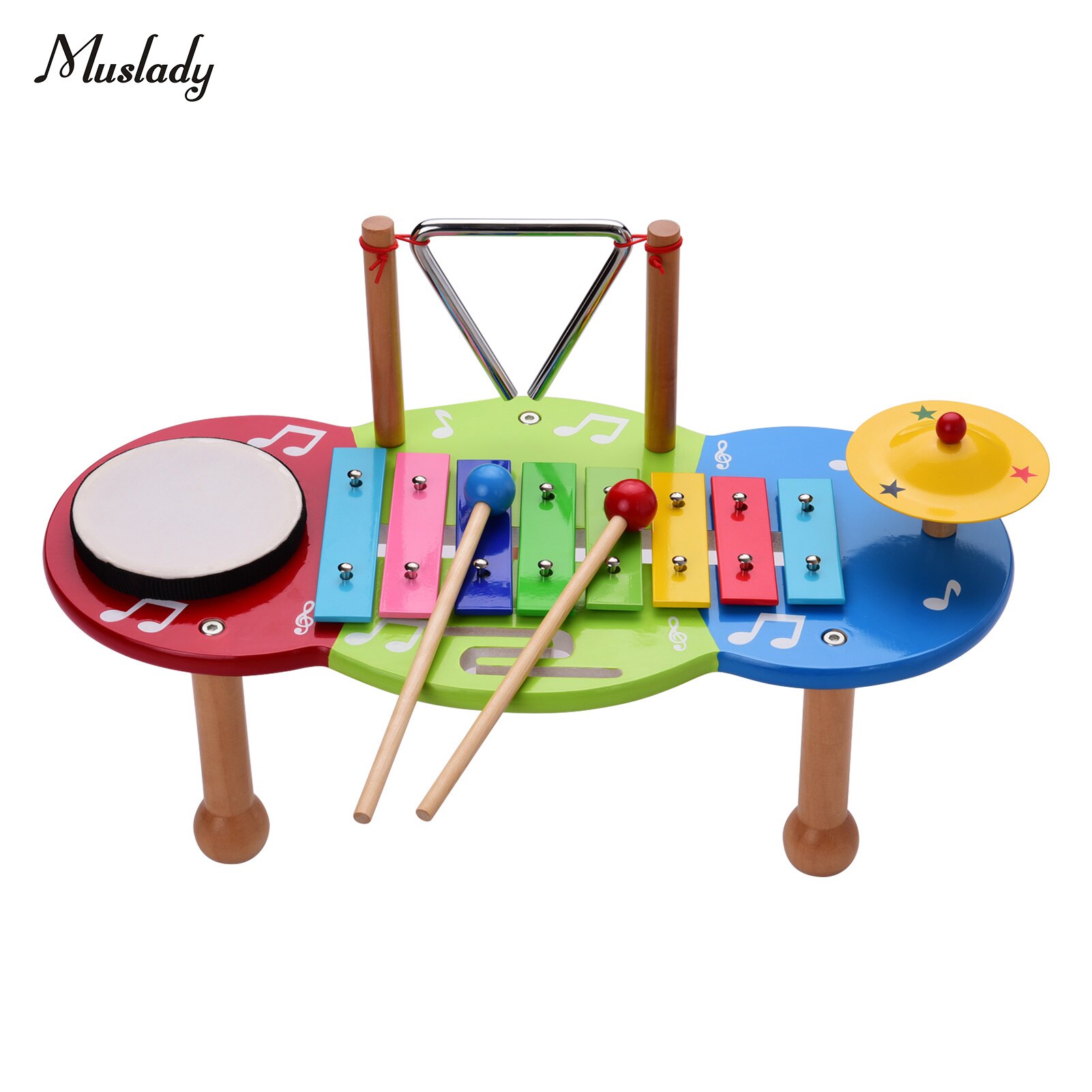 Muslady Kids Percussion Instrument Set Percussion Drum + Iron Cymbal + Xylophone + Triangle Set