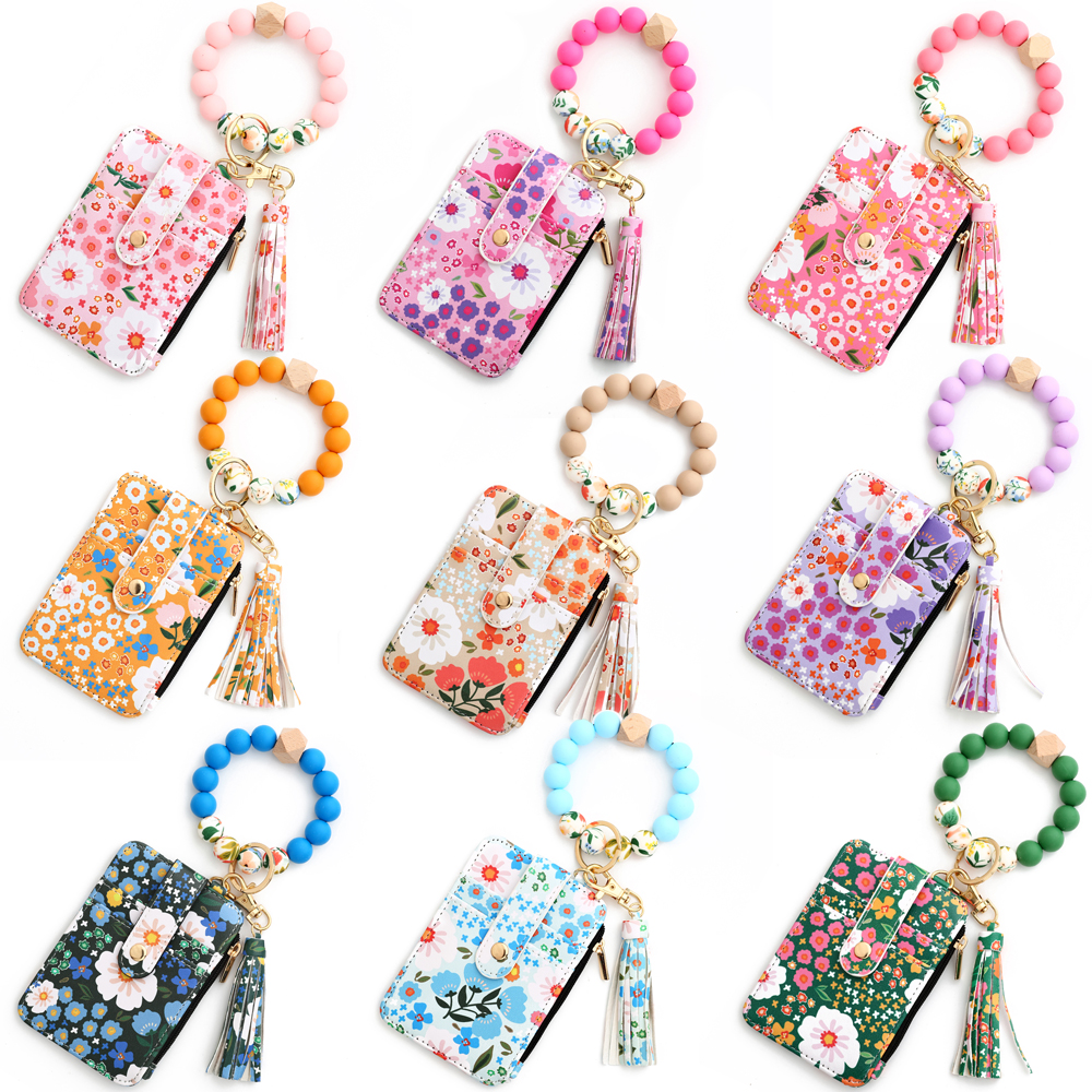Silicone bead pu leather key chain wristlet id credit card holder keychain wallet for women Pink Flower Print Wallet