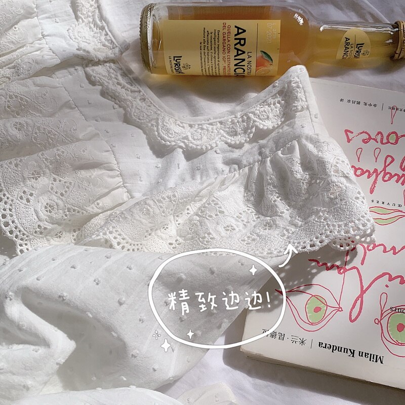 Casual Jacquard Lacework Witte Nachtjapon Vrouwen Stip Enkele Breasted Ruches Lange Mouwen Nachthemd Slaap Jurk Koreaanse D108