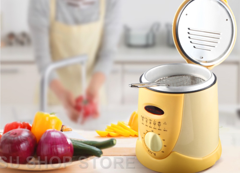 Bezdymny wielofunkcyjny patelnia 0.9L mini olej elektryczny frytownica piekarnik frytki grill kurczak smażjeden ryby garnek maszyna: żółty