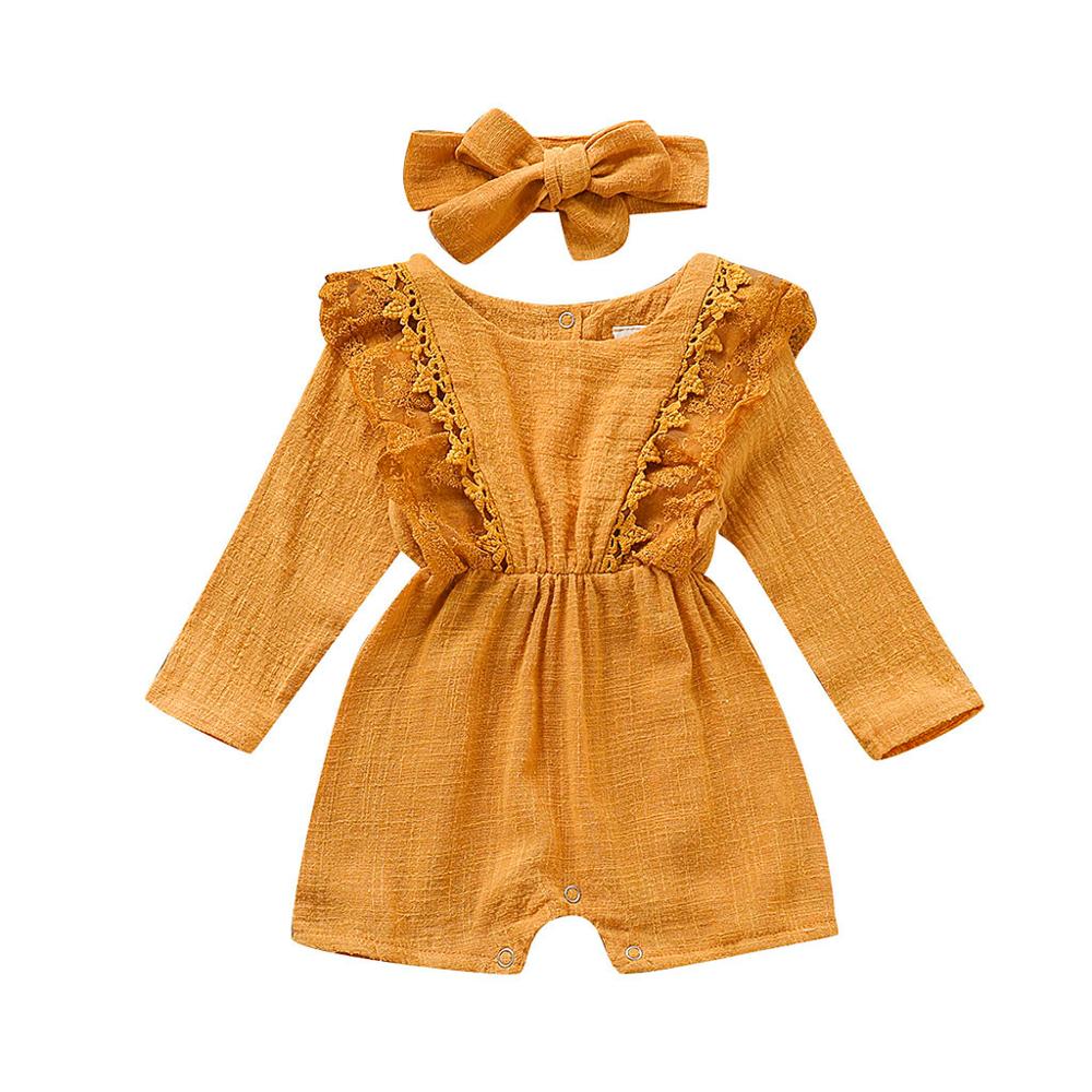 Autumn Winter Toddler Newborn Kids long sleeve lace Romper Infant Baby Girls Romper Jumpsuit Clothing Outfits Hair Band Outfit: Orange / 6M