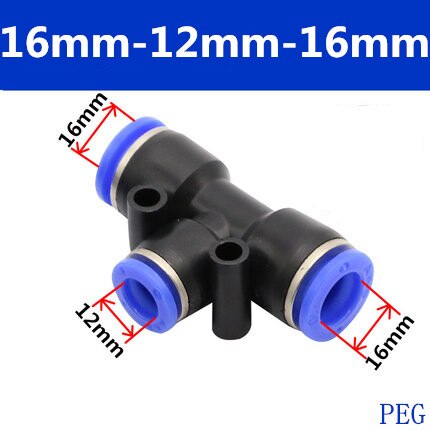 3- vägs t-formad tee pneumatisk 10mm 8mm 12mm 6mm 4mm 16mm od tryck in luftgaskoppling snabbkopplingar vatten slangkoppling: 16-12-16