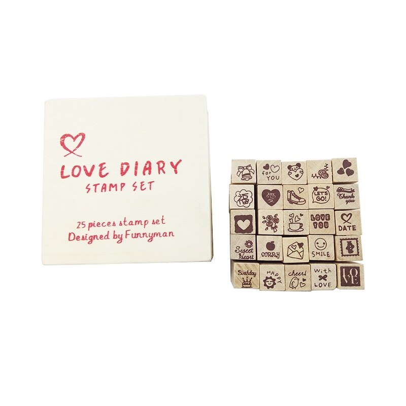 Sello de goma con de diario para niños, herramienta bonita de madera, , 25 unids/set por juego: Rojo