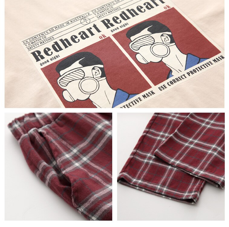 Conjunto de pijama de manga larga a cuadros de algodón rojo a cuadros para mujer