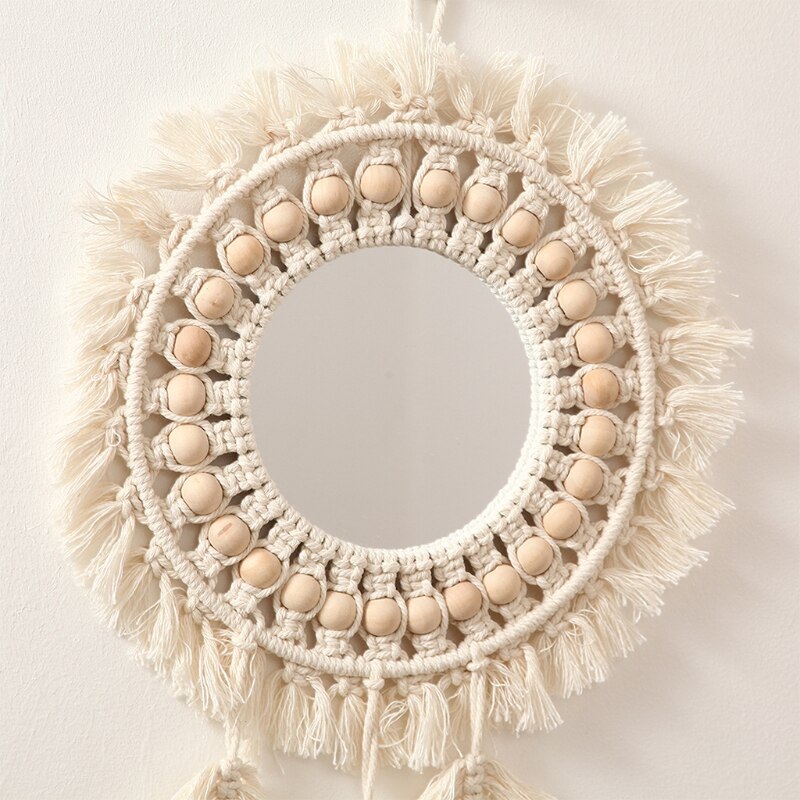 Woven Wall Hanging Mirror Boho Macrame Leaf Pendant Art Decoration for Apartment Living Room Bedroom Bathroom Baby Nursery