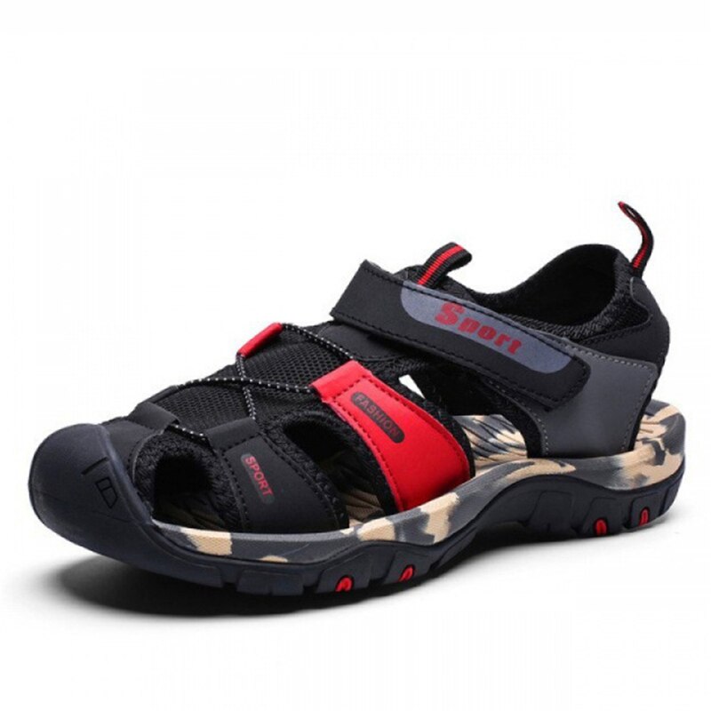 Sandalias con punta envolvente para hombre, zapatos deportivos transpirables para exteriores, anticolisión, zapatillas de playa antideslizantes para verano: Black red / 42
