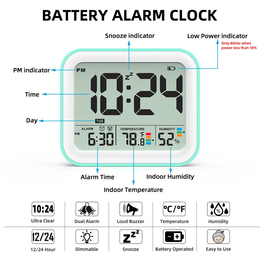 Battery Operated Digital Alarm Clock for bedroom, Dual Alarm with Workdays/Weekends Setting,Snooze, Travel Clock Thermometer
