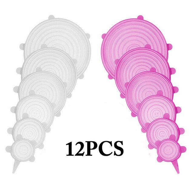 12 PCS Round Reusable Silicone Food Cover Elastic Stretch Adjustable Bowl Lids Kitchen Wrap Seal Fresh Keeping Silicone Caps: White Pink