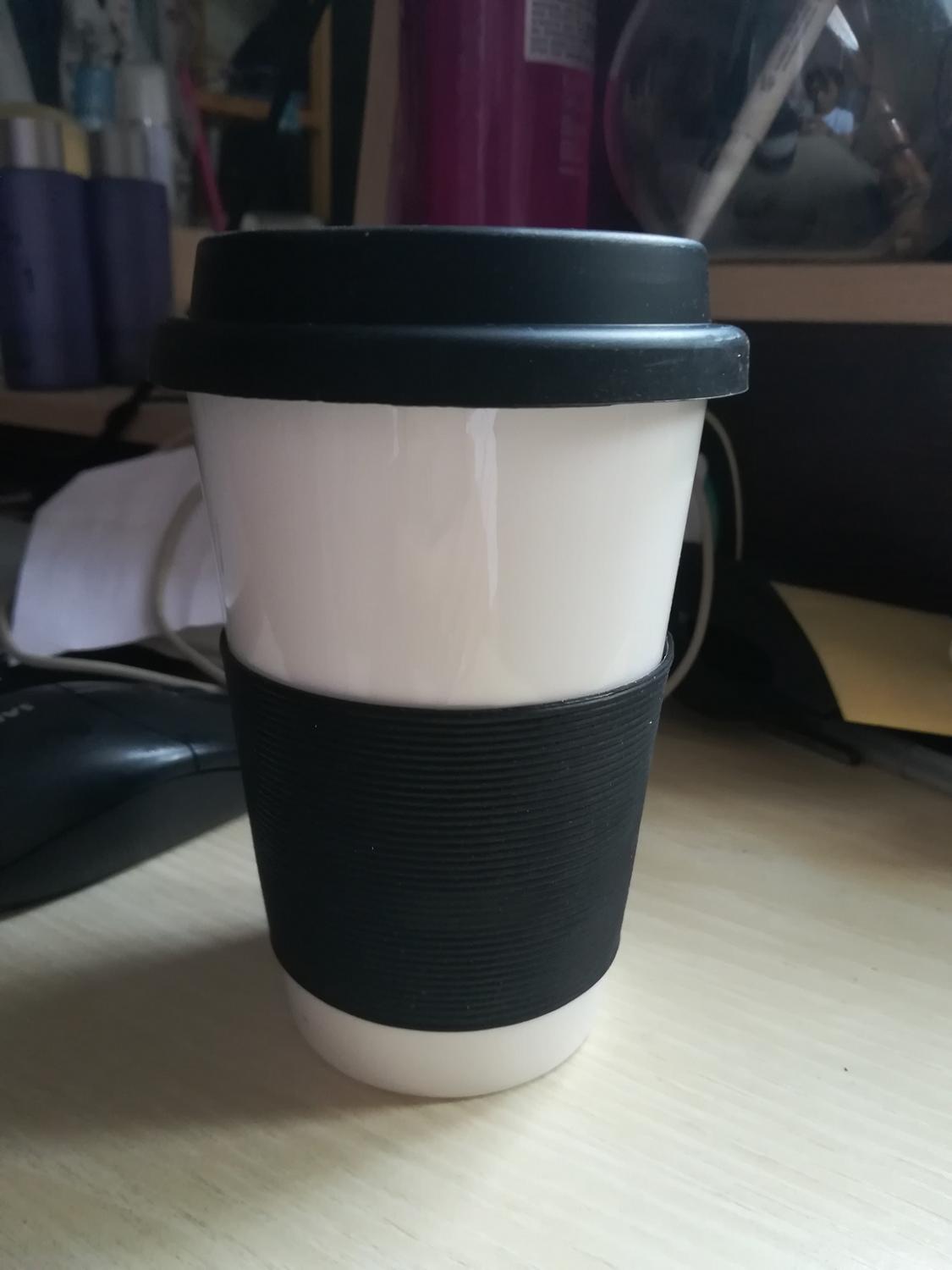 Taza de cerámica con aislamiento térmico, con tapa y funda de goma de silicona, porcelana de Taza de Viaje reutilizable, taza con impresión de logotipo: Black