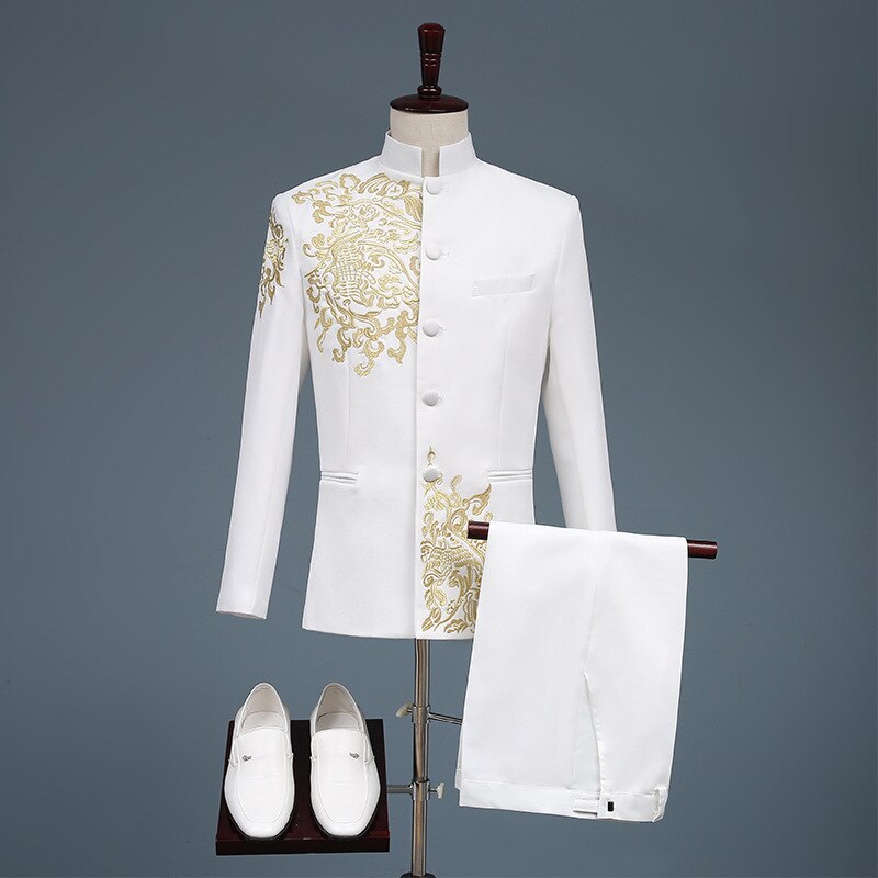 Chinese Style Wedding Suit Jacket Men Embroidery Patterns chinese Tang suit Mandarin Collar Suit Chinese Tunic Suit Top+Pants: white / M