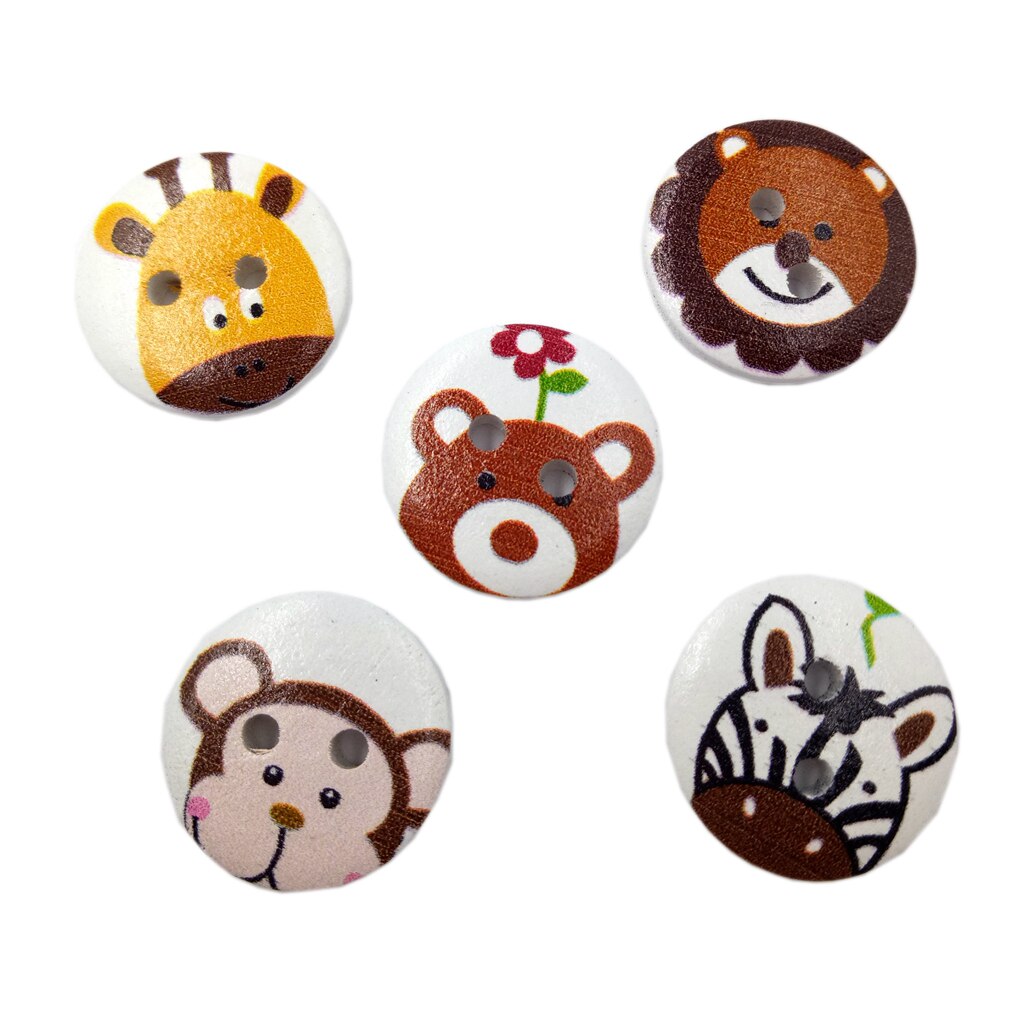 50Pcs Painted Cartoon Dier Houten Knopen Naaien Ambachten Voor Kinderen 20 Mm