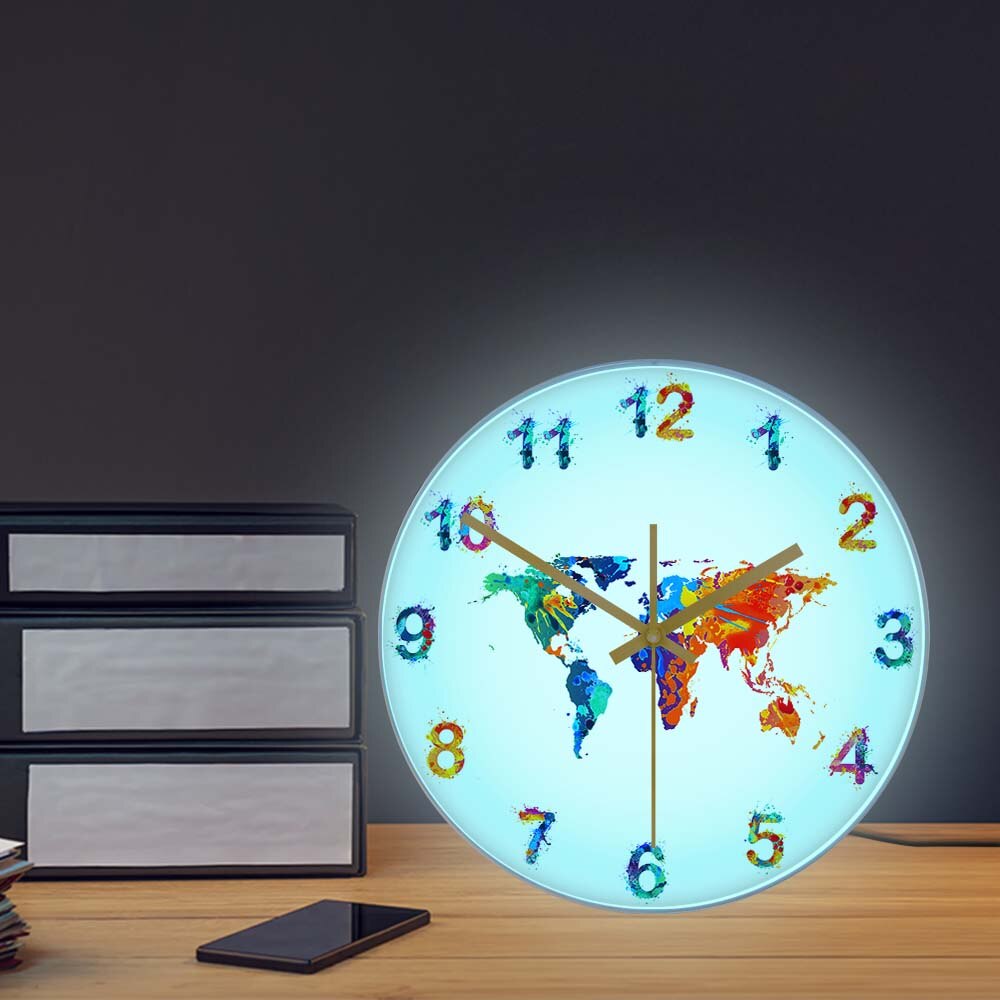 Quaddel Karte Aquarell Dekorative Stille Wanduhr Flache Erde Minimalistischen drucken Digital Kunst Hängen Zauberstab Uhr für Traveler
