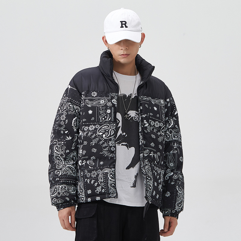 파커 Hip Hop Paisley kurtka Parka Streetwear mężczyźni wiatrówka zima bawełna dół warstwa bąbelkowa pary Bandana Bomber Куртка Зимняя