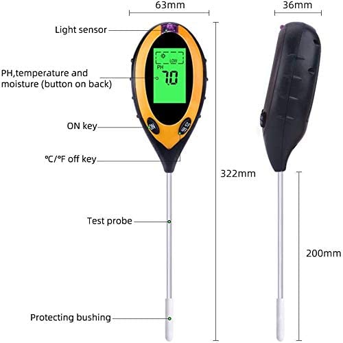 Soil Tester Instrument, 4 in 1 Garden Soil Test with PH Value/Sunlight Intensity/Moisture/Temperature,Survey for Garden Farm