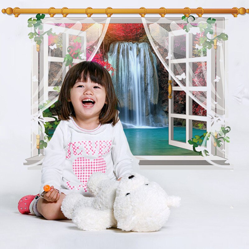 Waterfall water screen scenery false window landscape wall decal environmental protection Removable Wall Sticker