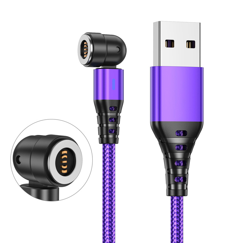 Câble magnétique rotatif 540 3A, charge rapide, Micro USB Type C, pour iPhone Xiaomi Huawei, chargeur magnétique, données de téléphone, cordon USB: Violet / 0.3m