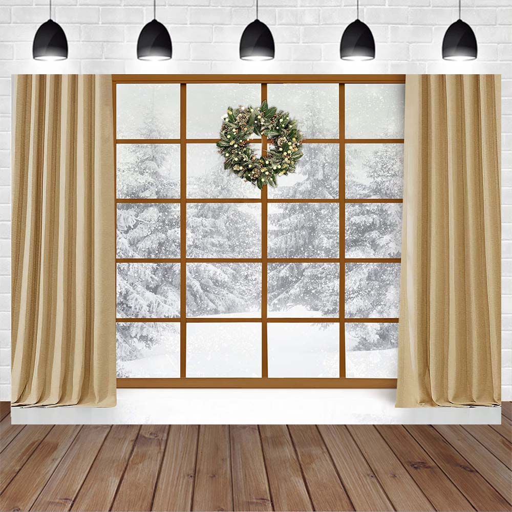 Mocsicka Christmas Curtain Window Photography Backdrop Winter Snow Scene Family Portrait Photo Background for Studio Photo Shoot