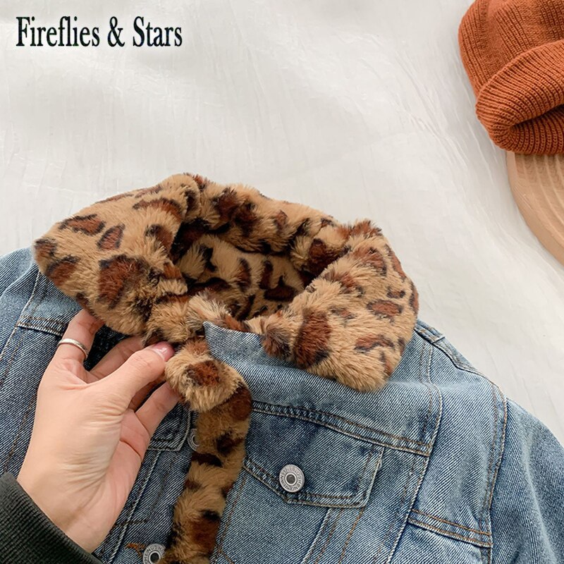 Winter Autumn Girls Denim Coat Baby Jacket Children Warm Outwear Kids Streetwear Clothes Leopard Fur 2 Side Wear 3 To 11 yrs