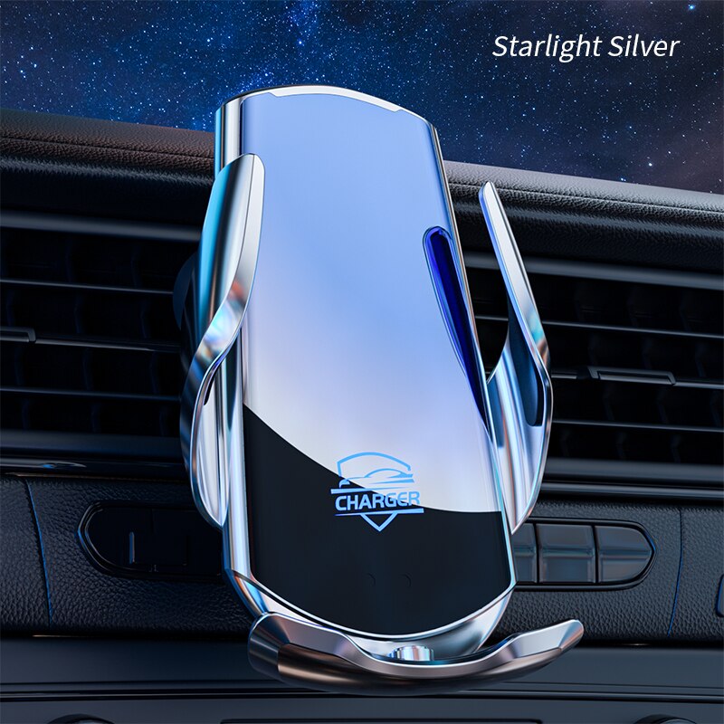 Smart Sensor Automatic Clamping 15W Fast Car Wireless Charger Stand Air Outlet Multifunction Phone Wireless Charging Bracket: Silve
