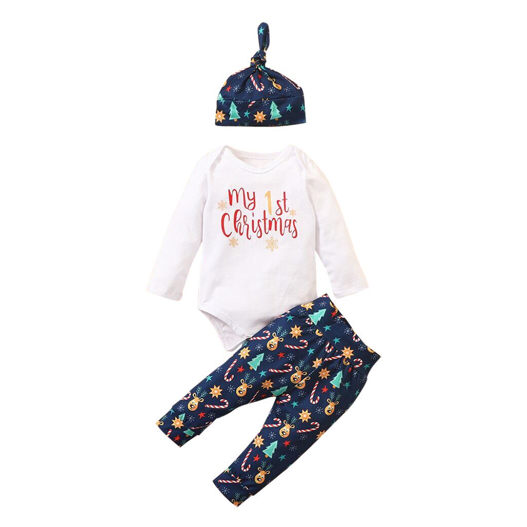Roupas de natal do bebê recém-nascido infantil do bebê meninos meninas 1st macacão de natal calças superiores + chapéu conjunto roupas natal outono inverno: Azul / 12 m