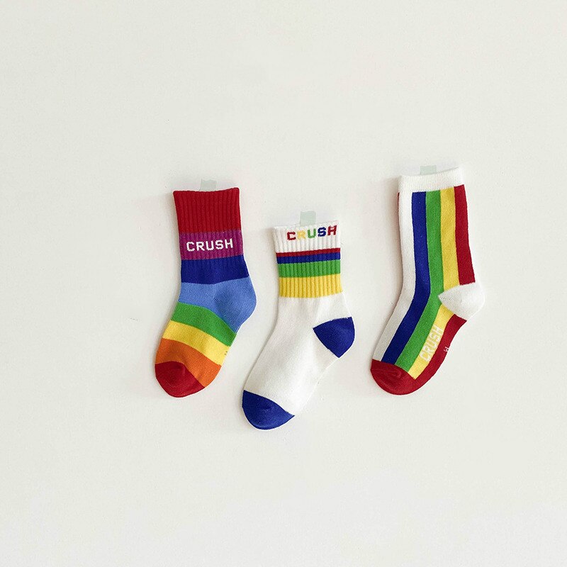 3 Paren/partij Kinderen Sokken Lente Koreaanse Mode Regenboog Strip Baby Sokken Kids Jongens Meisjes Katoen Sport Sokken: Rood / 6-8T