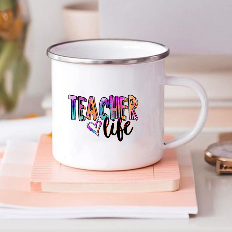 Teacher Love Inspire-Tazas de esmalte estampadas, vaso de vidrio para café, té, bebidas, leche, tazas escolares con asa, para profesores: XH1315-A015WH-8