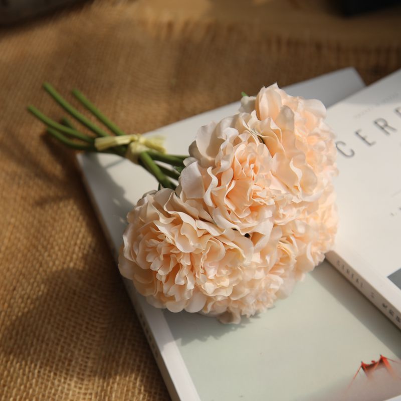 5 hoveder kunstige hortensia blomster silke pæon brudebuket blomsterarrangement til boligindretning bryllupsfest borddekoration: Fersken
