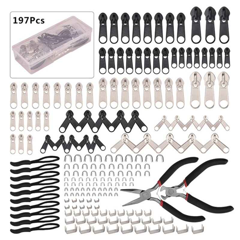 Kit de reparación de cremalleras de 197 piezas, herramienta auxiliar de repuesto + herramientas de instalación para bolsas, carpas, equipaje, saco de dormir, chaqueta
