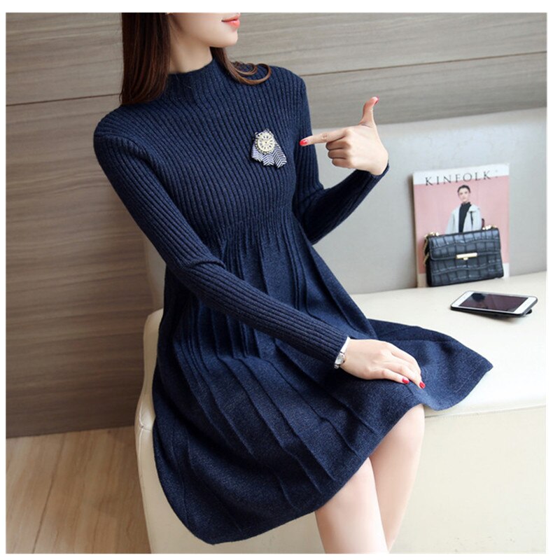 Korean Knit Sweater Dress Women Clothing Autumn Winter Slim Pullover Knit Dress Warm Casual Sweater