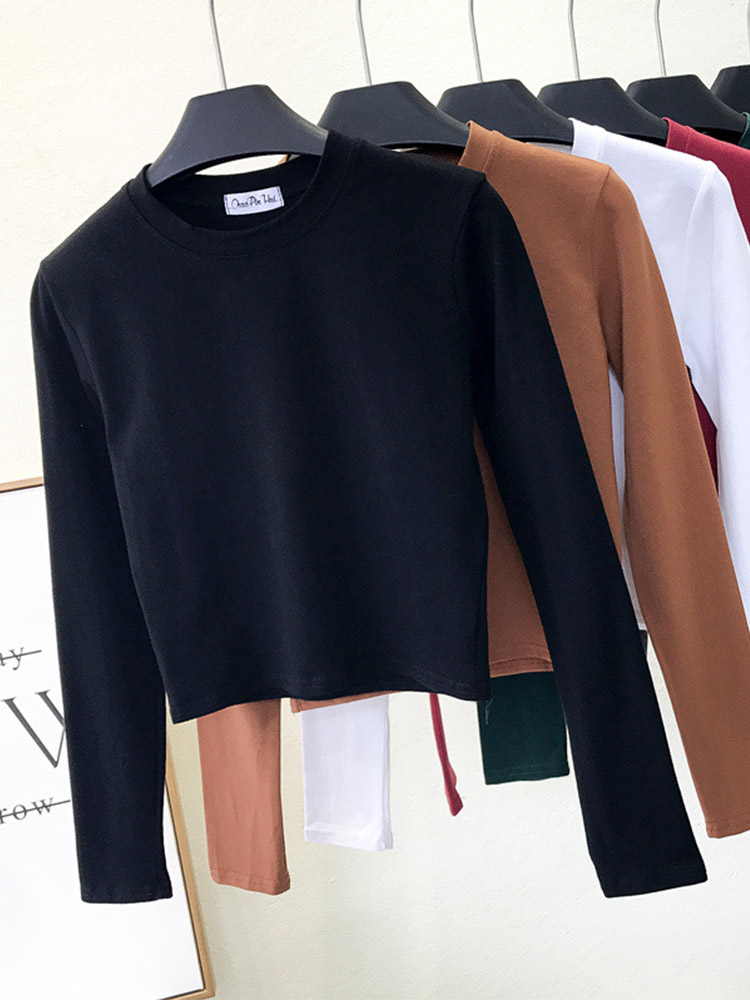 Ropa negra sexi para Mujer, Ropa de Mujer con cuello redondo y manga larga para ombligo, Ropa informal de para Mujer
