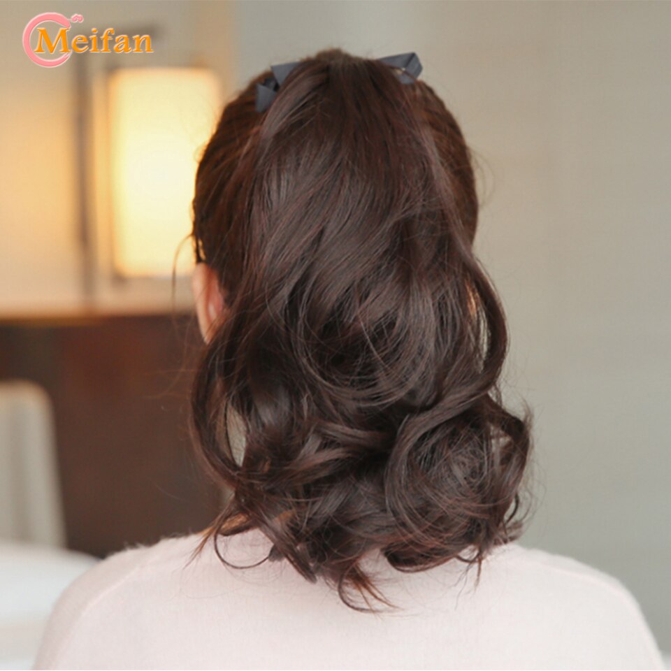 MEIFAN-Cola de Caballo ondulada corta, envoltura con cordón, cola de pelo sintética, postizo de Clip, extensiones de coleta