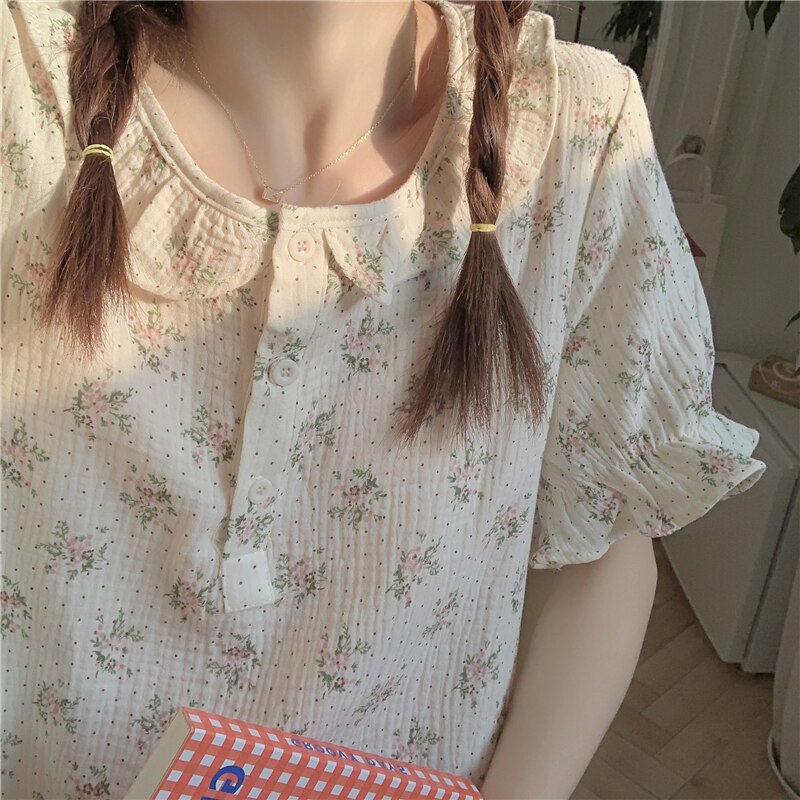 Korte Mouwen Zomer Nachtjapon Vrouwen Slapen Jurk Bloemenprint Crêpe Katoen Nachthemd Comfortabele Leuke Nachthemd 2022 D138