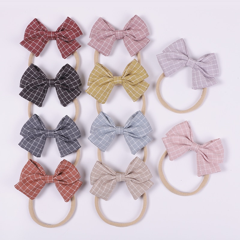 Cute Plaid Nylon Baby Headbands For Girls Cotton Linen Bow Handmade Elastic Knot Baby Hairband Headband Newborn Hair Accessories