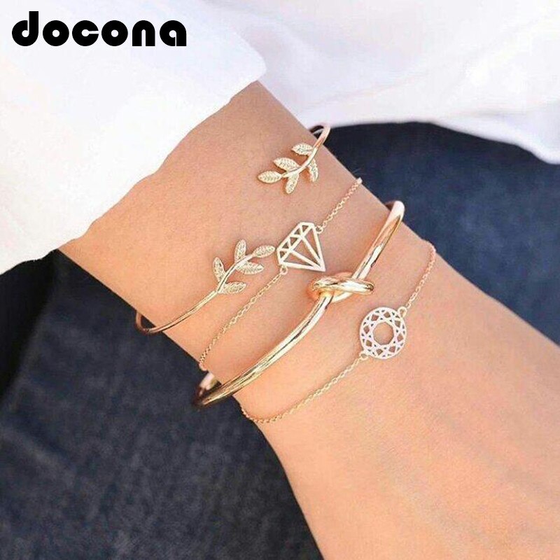 Docona 4 pçs/1 conjunto punk pulseira simples geométrica folha nó metal corrente pulseira boêmio retro pulseira jóias acessórios 6115