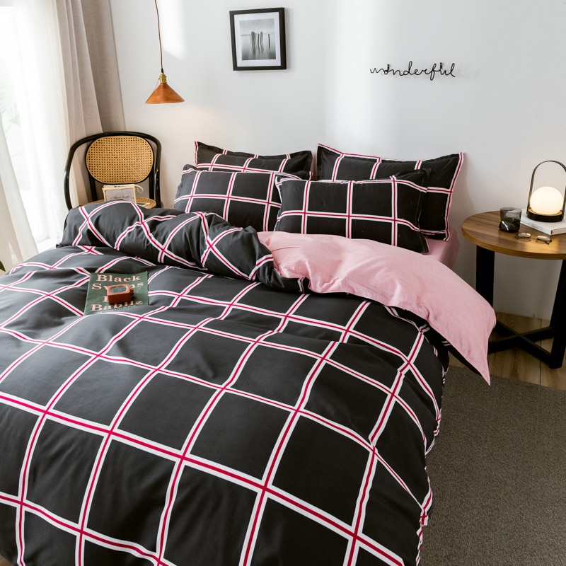 Svarta rutiga sängkläder, påslakanset med örngott 220 × 240 ,210 × 210 påslakan, rosa queen king size filtöverdrag