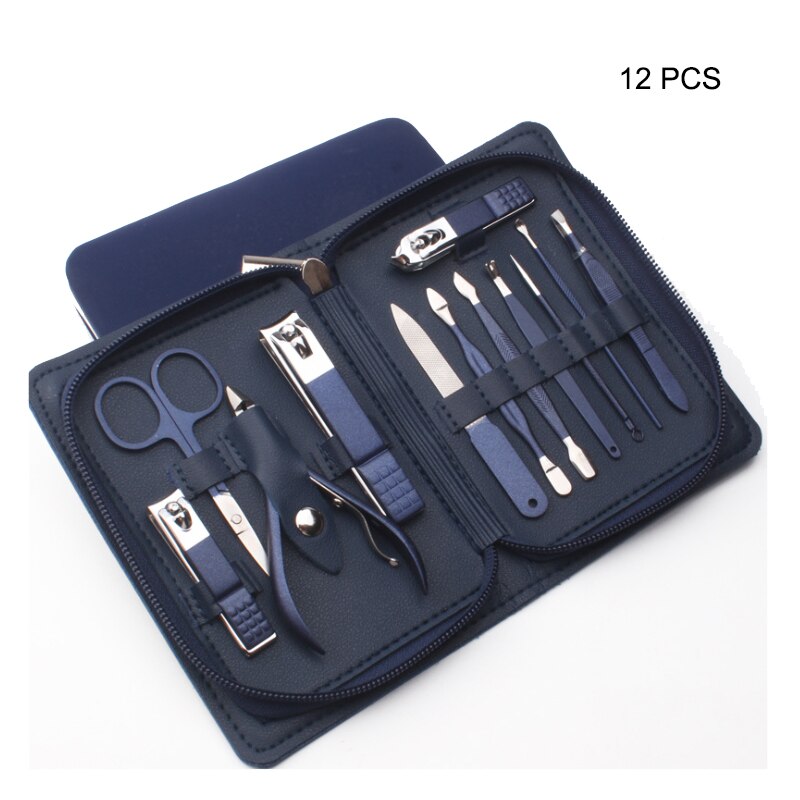 Juego de tijeras de pedicura, cortador de uñas de acero inoxidable, hebilla de cuero plegable, gancho de águila, juego de herramientas de cortaúñas, 7-15 piezas: 12PCS