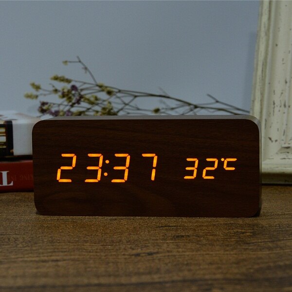 Mode Houten Wekkers Met Thermometer Eenvoudige Rechthoek Tafel Klokken Led Sound Control Desktop Decoratie Klok: brown orange