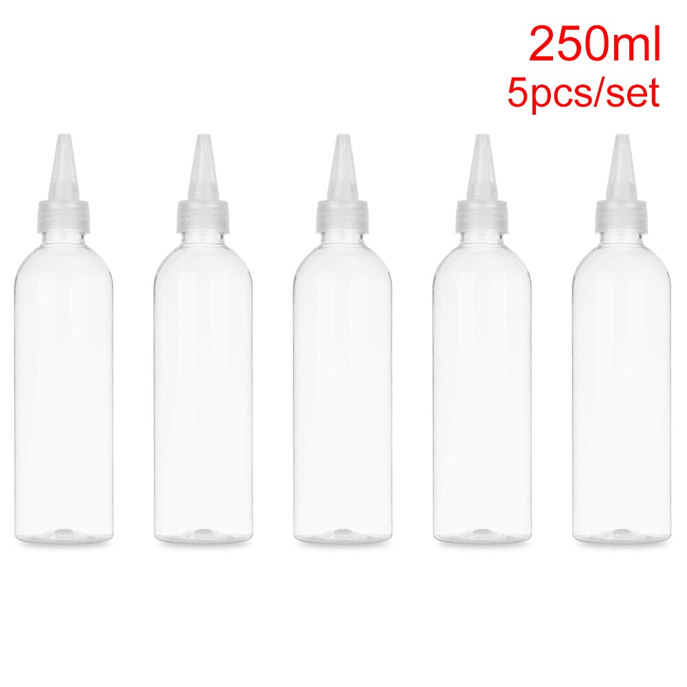 5 stk/sæt 10-250ml tomme dråbeflaske med børnesikret låg plastdyse dråbehætte nyttig bærbar genopfyldelig klemflaske: 250ml