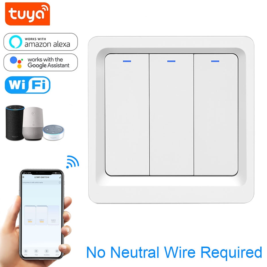 Smart Light Switch No Neutral Wire 2.4GHz WiFi 1/2/3 Gang Switch Work with Alexa and Google Home,No Hub Required APP Smart Life