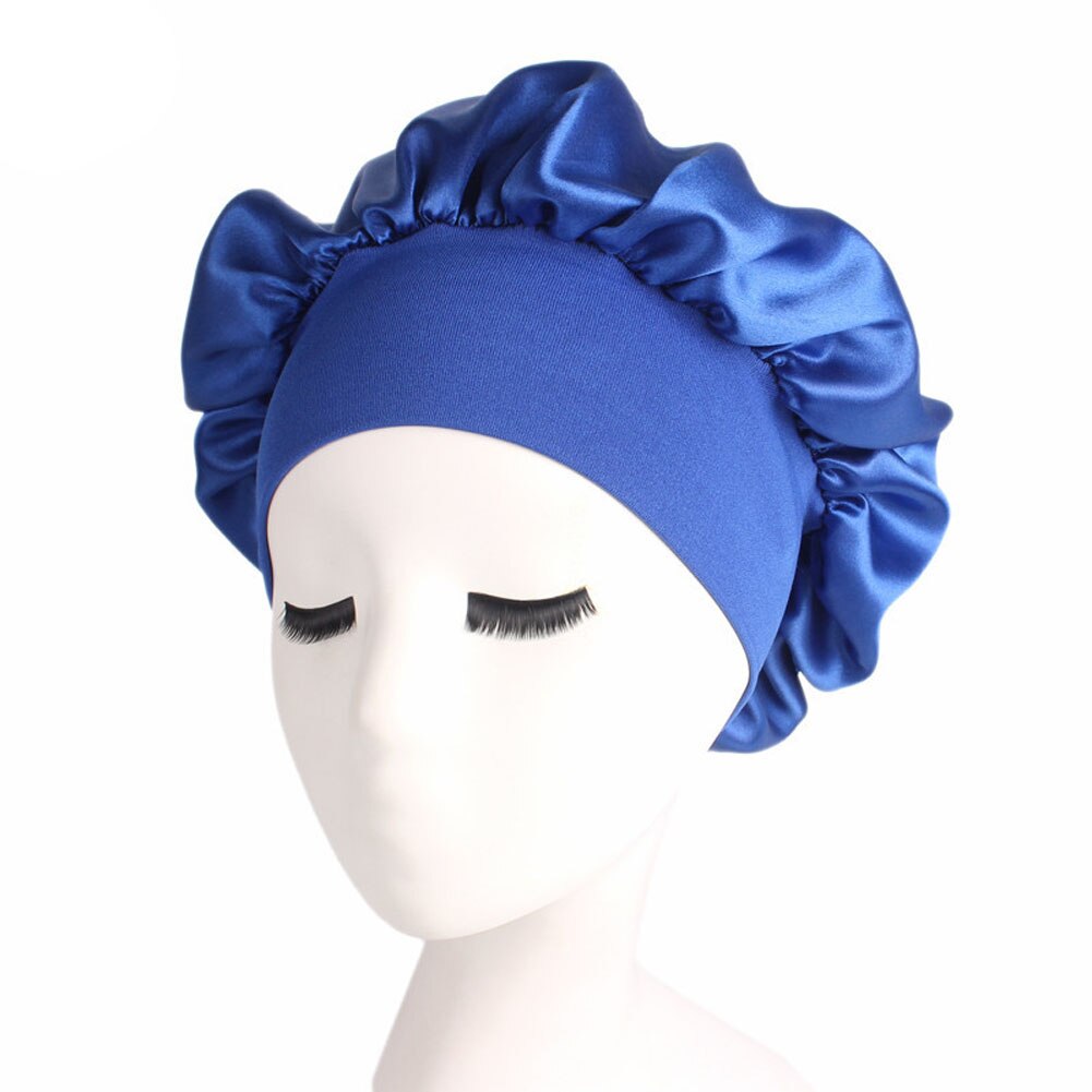 Solid Silk Satin Night Sleep Cap Hair Bonnet Hat Head Cover Wide Band Adjust Elastic: Blue