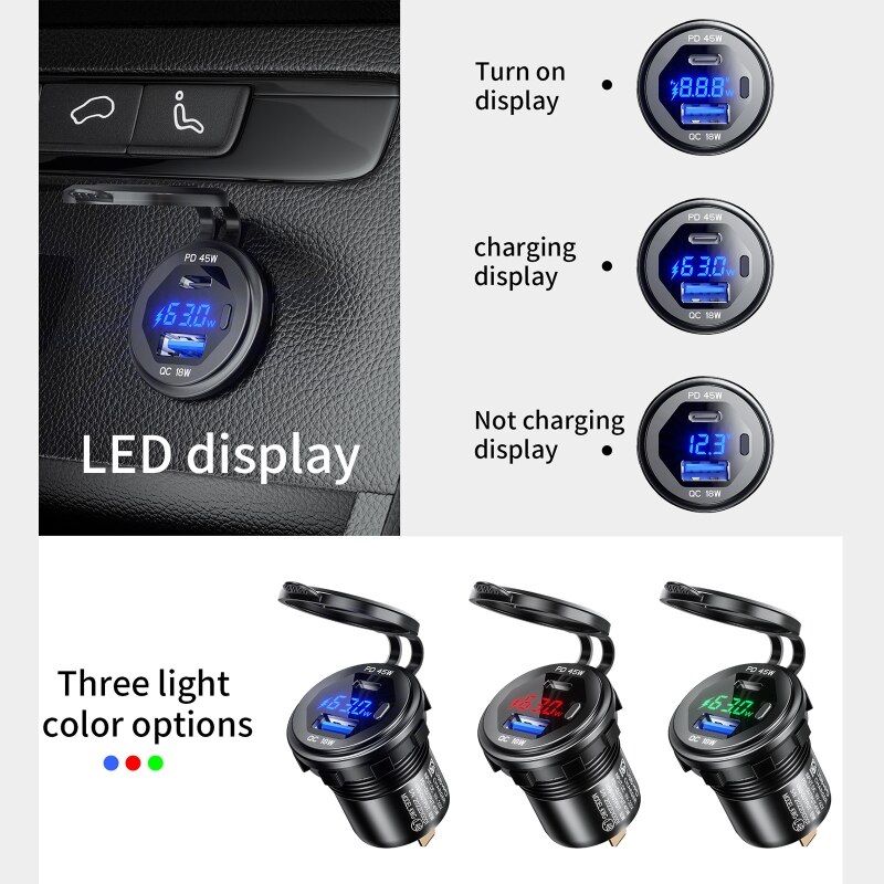 Metallenes 45w- usb-c-pd - + 18w qc3.0- usb-schnellladegerät mit spannungs-/leistungsanzeige für suv, motorrad, lkw, boot, atv