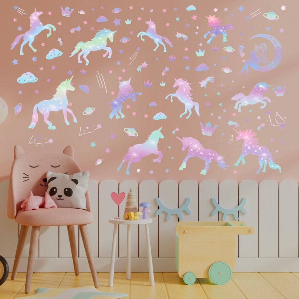 Pink star rainbow gradient wallstickers til børn baby vuggestue rum dekoration kunst pvc væg mærkat hjemmeindretning enhjørning klistermærker