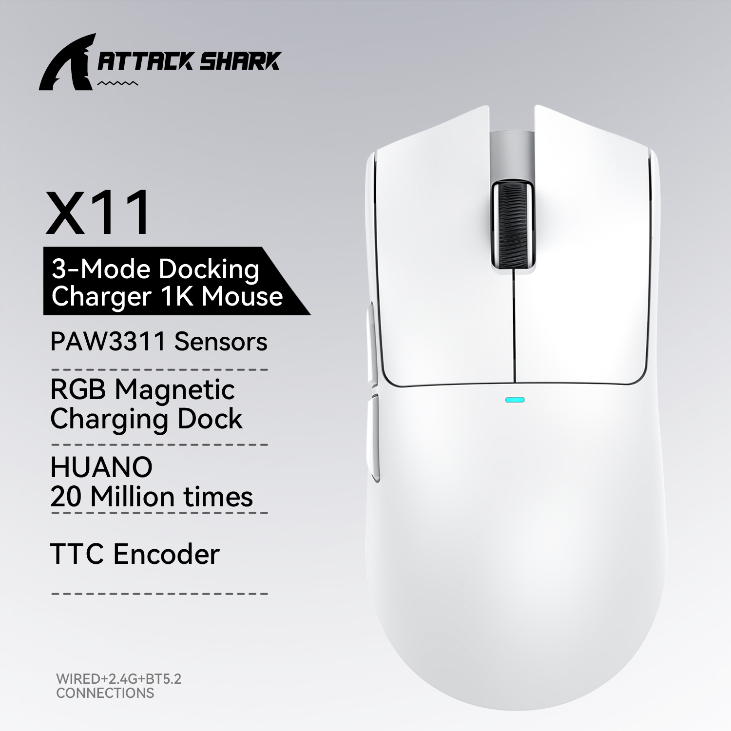 Attack Shark X11 PAW3311 22KDPI 400IPS Wireless Mouse ,Tri-Mode Connection 2.4GHz/Wired/Bluetooth RGB PC Gaming Mouse