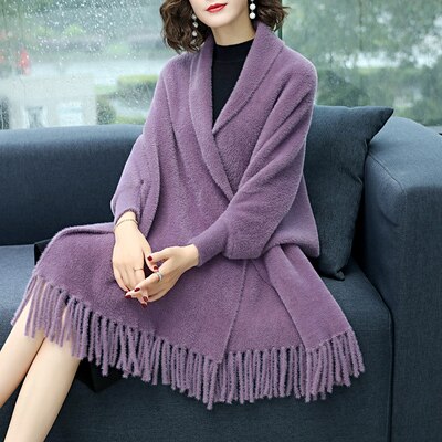 Forår og efterår cashmere strikket sjal kvinders jakke vild med ærmer vinter cheongsam frakke toppe med kvast uld kappe  y624: Lilla