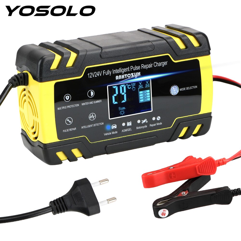 Yosolo våd tør blysyre batteriopladere digital lcd-skærm 12v-24v 8a pulsreparation fuldautomatisk bilbatterioplader