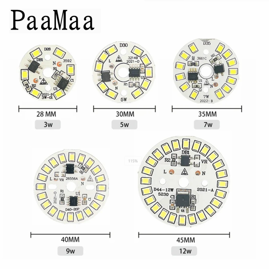 Chip de bombilla LED redondo SMD 2835, 3W, 5W, 7W, 9W, 12W, 15W, 18W, cuentas de luz, CA 220V