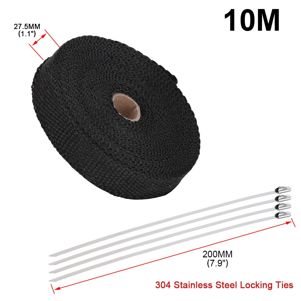 5M/10M/15M Motorcycle Exhaust Thermal Tape Header Heat Wrap Manifold Insulation Roll Resistant with Stainless Ties: 2.5cm 10M Black