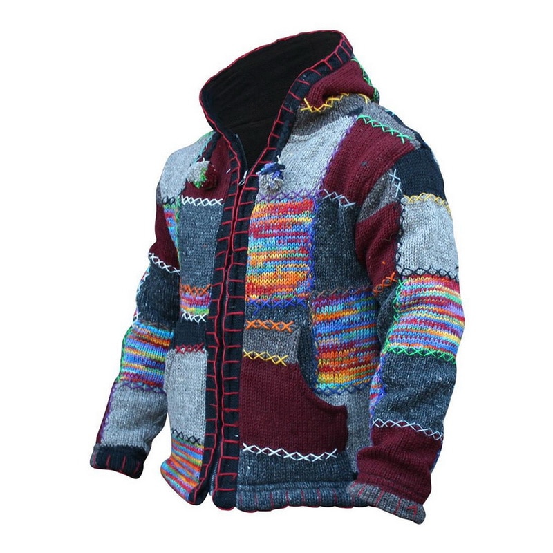 Men Winter Patchwork Knit Outwear Coat Sweater With Pocket Autumn Men Hooded Wool Cardigan Sweater Jumper