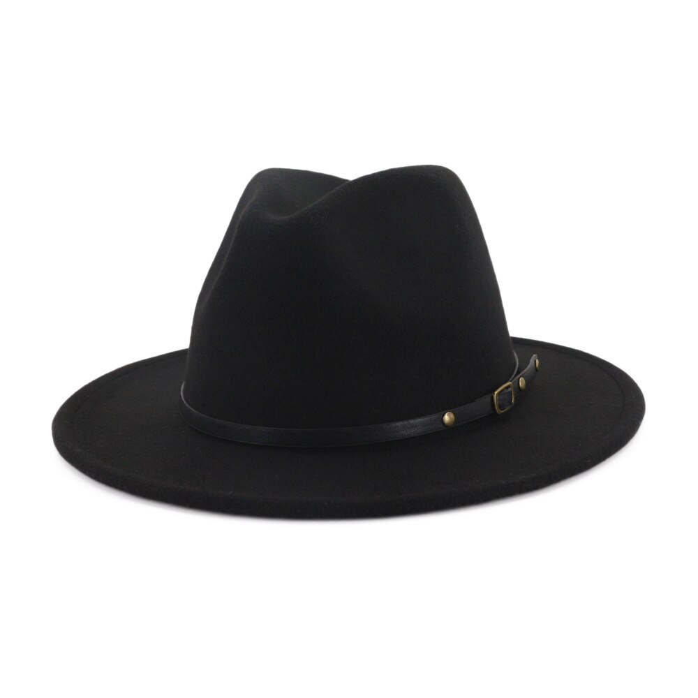 Qiuboss 60 cm stor hovedstørrelse sort rød patchwork uldfilt jazz fedora hatte kasketter bred brim panama trilby cap til mænd kvinder: Læderbånd