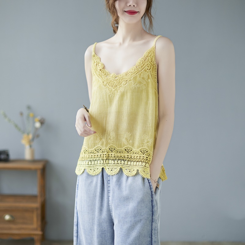 Summer Spaghetti Strap Tops Women Sleeveless V-Neck Floral Embroidery Casual Cotton Linen Tank Top Chinese Shirt Femme KK4455: 2